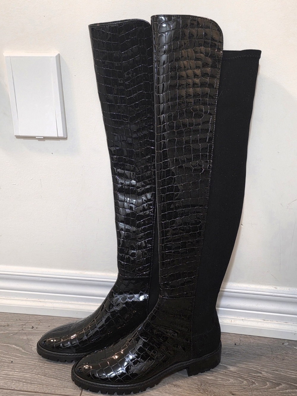 Stuart Weitzman Black Croc-Embossed Over-the-Knee Boots
